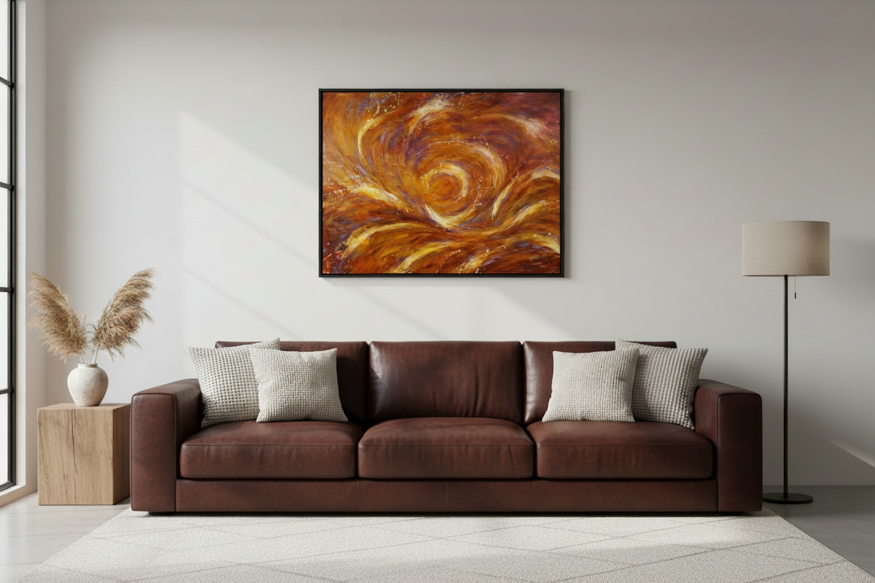 Emergence artwork mockup with dark brown leather couch
