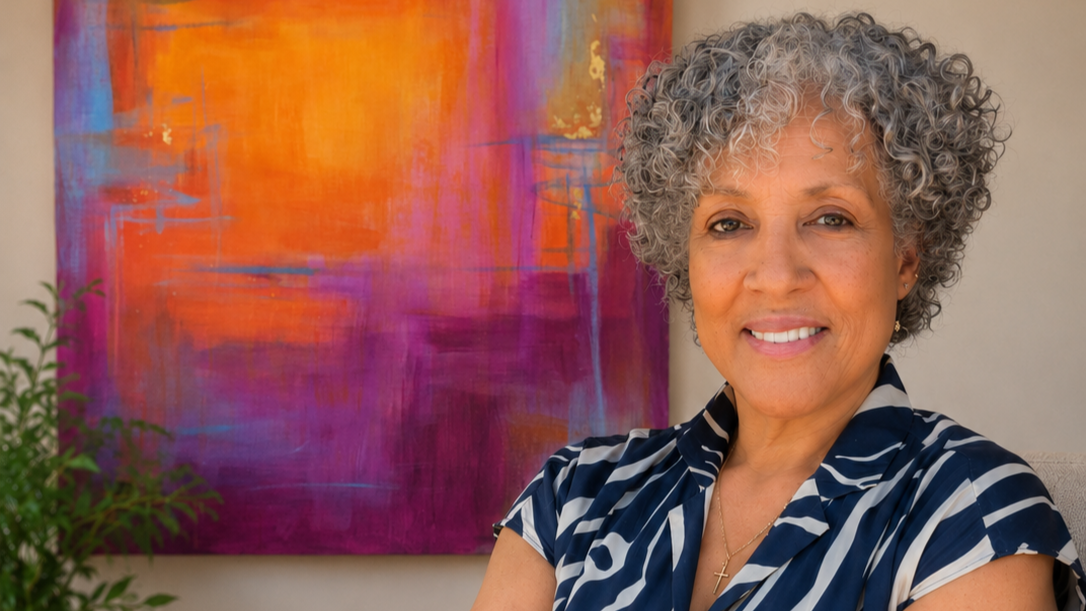 Carol Black-Lemon in front of her new abstract painting