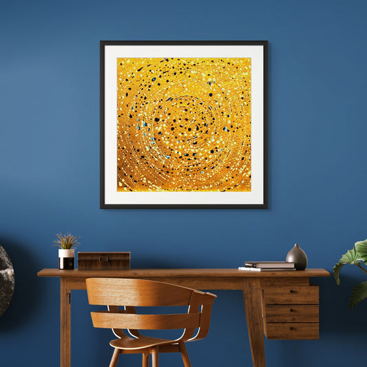 Gold with blue & white dots Abstract - Paper Print