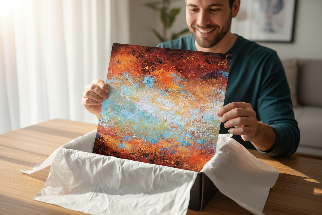 Man unboxing abstract art print